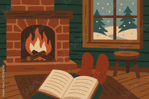 Cohesive blue geometric taupe cozy captions pine reading fireplace punctuation interior icon