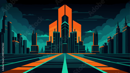 Futuristic cityscape at dusk