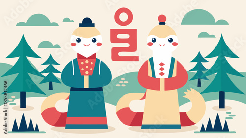 Two foxes in traditional attire