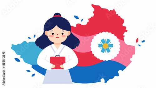 Young girl holding book in front of south korea map