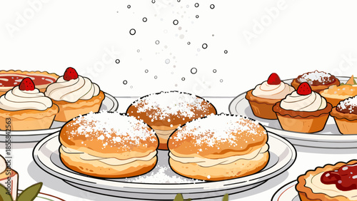 Fried sweets on display with powdered sugar for carnival treats  