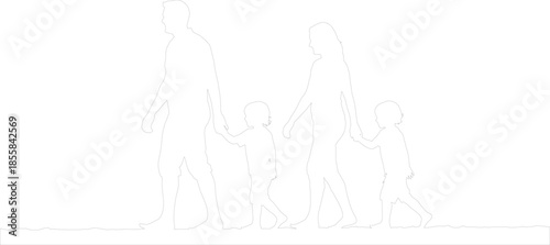 Minimalist vector outline of a family of four walking Parents and two children holding hands Simple monochrome line art