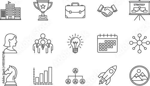 Hand drawn business icons, vector strategy symbols, success, trophy, briefcase, handshake, chart, team, idea, calendar, network, chess, growth, rocket, mountain.