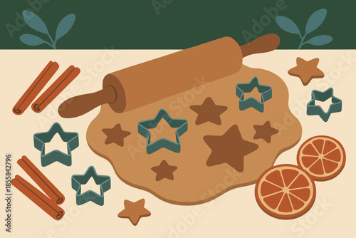 White vector flat scene dusty baking festive sticks covered kitchen icon blue