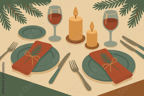 Table red icon brown festive no napkins dinner muted numbers vector pine