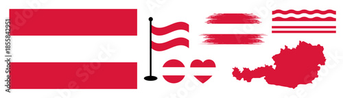 austria Flag Bundle design or Elements Collection set. National Symbols Set Featuring Official austria Map Silhouette, Heart Icon, Waving Flag on Pole, Round Badge, and Artistic Paint Brush Strokes.