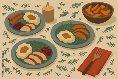 Festive servings holiday emojis brown intimate dinner muted icon table red vector