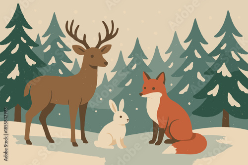Icon animals winter cohesive vector tones punctuation style among red forest no