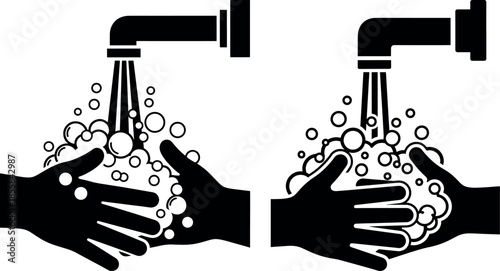Hygiene concept vector illustration of hands being washed with soap bubbles under a water faucet, black silhouette icon for health and cleanliness