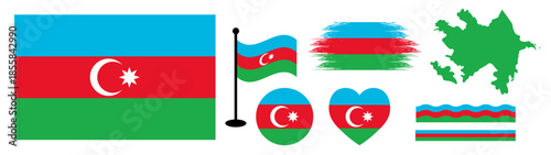 Azerbaijan Flag Bundle design or Elements Collection set. National Symbols Set Featuring Official Azerbaijan Map Silhouette, Heart Icon, Waving Flag on Pole, Round Badge.