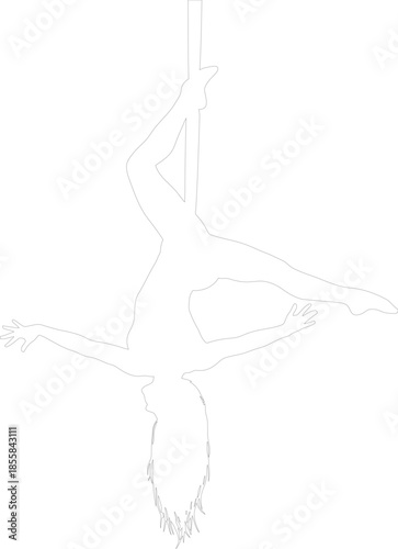 Pole dance fitness woman silhouette vector illustration performing aerial trick upside down line art