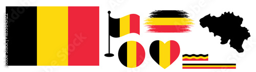 Belgium Flag Bundle design or Elements Collection set. National Symbols Set Featuring Official Belgium Map Silhouette, Heart Icon, Waving Flag on Pole, Round Badge, and Artistic Paint Brush Strokes.