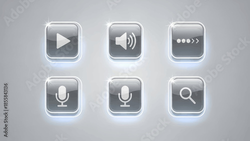 Set of sleek, modern glass icons for digital interfaces, including play, volume, rewind, microphone, and search functions.