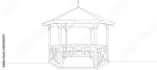 Summer garden gazebo continuous line drawing. Wooden construction minimalist black single line vector illustration.