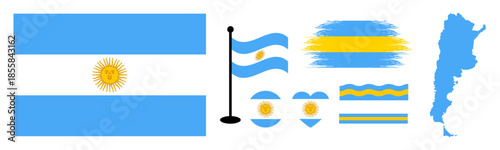 Argentina Flag Bundle design or Elements Collection set. National Symbols Set Featuring Official Argentina Map Silhouette, Heart Icon, Waving Flag on Pole, Round Badge, and Artistic Paint Brush Stroke