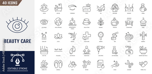Beauty and care icon set. Skincare, makeup, aromatherapy, wellness, hair care, and cosmetic treatment. Editable stroke. Vector illustration