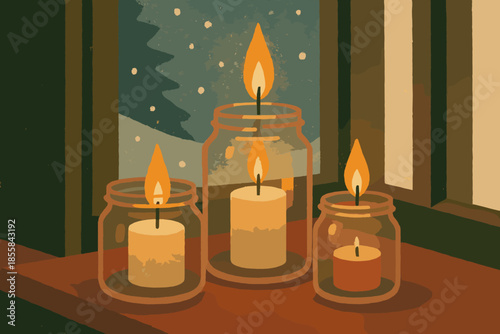 Vector glass warm handmade candles winter glow candlelit light icon letters reflecting