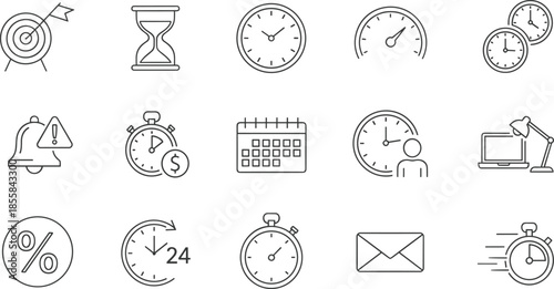 Hand drawn time icons, vector clock symbols, stopwatch, hourglass, calendar, speed, alarm, deadline, schedule, business, management, fast, goal, money, delivery, alert.