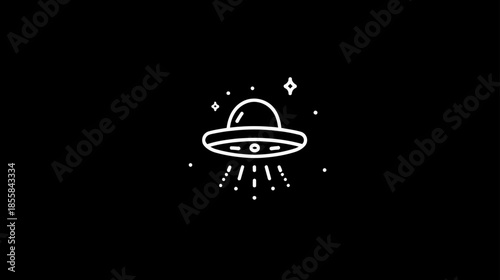 UFO Flying Saucer Line Art Icon Illustration with Light Beam and Stars. Minimalist Extraterrestrial Spaceship Graphic on Black Background.