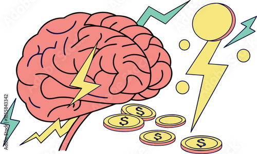 Cartoon brain with lightning bolt and coins, symbolizing financial idea or money-making concept.