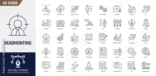 Headhunting icon set. Recruitment, employment, hiring, job, career, resume, work group, candidate, HR, business and more. Editable stroke. Vector illustration