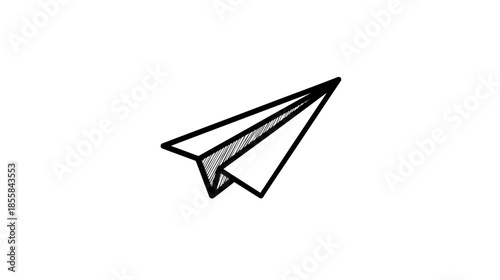 Hand drawn paper airplane vector illustration. Simple black and white sketch of a folded paper glider, representing childhood fun, freedom, and communication.