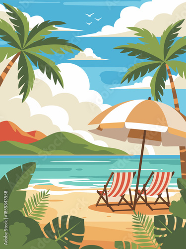 A serene beach scene with vector illustration of palm trees, lounge chairs, and a parasol on a sunny day