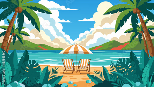 Tropical beach scene with vector illustration of palm trees and lounge chairs under a sunny sky