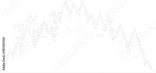 Outline Vector Illustration of Mysterious Eyes Peeking from Dark Forest Trees and Pines