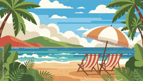 Relaxing Tropical Beach Scene with Palmtrees and Beachchairs Vector Illustration