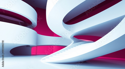 Modern Abstract Futuristic Architecture with Fluid White Spiral Curves and Vibrant Magenta Pink Background in a Minimalist 3D Interior