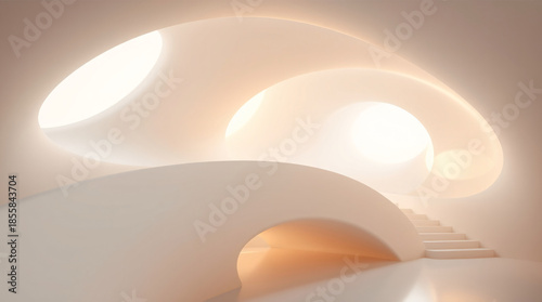 Abstract Futuristic Architecture Background Featuring Minimalist White Organic Curves and Soft Warm Glowing Light in a Clean Modern 3D Interior Space with Staircase