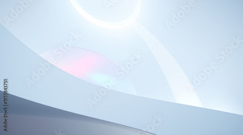 Abstract Minimalist Futuristic Architecture Background featuring Smooth White Curves and Soft Blue Lighting with Ethereal Prism Glow