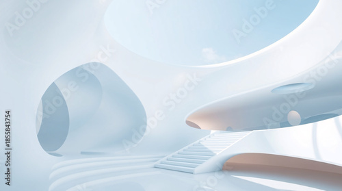 Abstract Futuristic Interior Architecture with Elegant White Curved Structures and Minimalist Soft Blue Lighting for Modern Background Concept