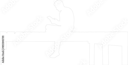 Outline Vector Drawing of Young Man Sitting on Dock or Pier Using Digital Tablet Line Art Silhouette Graphic Resource
