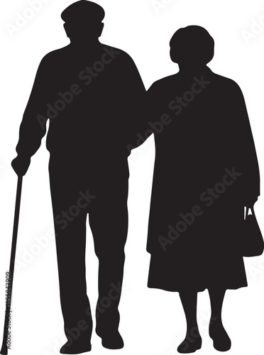 Senior couple black silhouette walking arm in arm, old man with walking stick.
