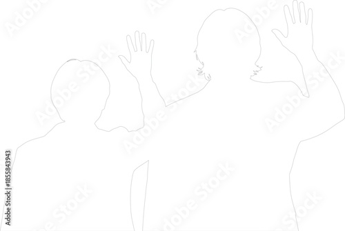 Vector Outline of Two Figures from Behind with Hands Raised Minimalist Line Art Illustration