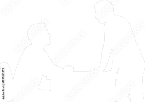 Outline vector illustration of two men engaged in a business discussion or interview meeting, professional interaction silhouette line art
