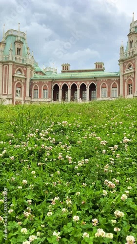 Tsaritsyno is a palace and park ensemble in the south of Moscow, founded in 1776 by order of Empress Catherine II. The Grand Palace in Tsaritsyno Park in cloudy weather. 4К