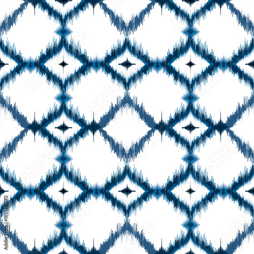 Ethnic ikat blue square dye yarns weaving seamless pattern. Vector hand drawn craftsmanship embroidery bohemian, abstract square geographic art fabric ikat textile material design for clothing 