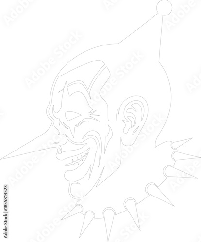 Aggressive Evil Clown or Harlequin Profile Line Art Vector with Spiked Collar and Pointed Hat for Horror Design