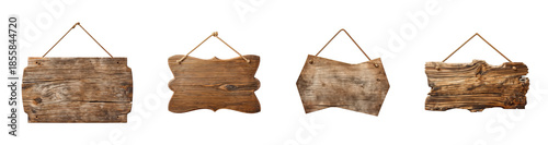 Old wooden board hanging on a rope on a pole isolated on transparent background