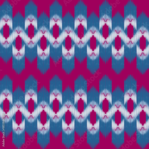 Ethnic ikat blue on pink dye yarns weaving seamless pattern. Vector hand drawn craftsmanship embroidery bohemian, abstract square geographic art fabric ikat textile material design for clothing 