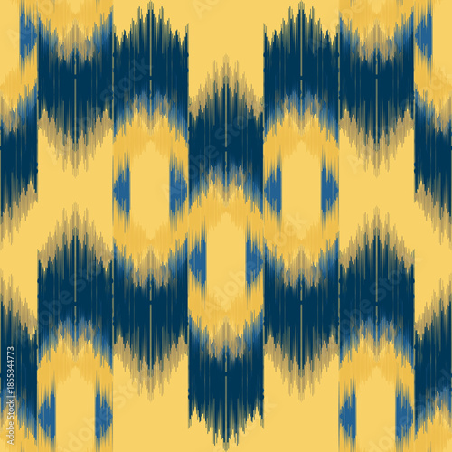 Ethnic ikat blue on yellow dye yarns weaving seamless pattern. Vector hand drawn craftsmanship embroidery bohemian, abstract square geographic art fabric ikat textile material design for clothing