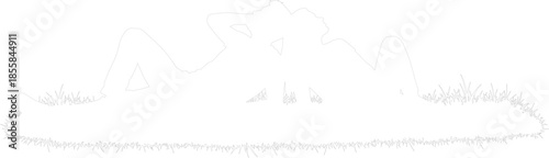 Minimalist Vector Line Art Outline of Couple Relaxing Lying Down on Grass Meadow