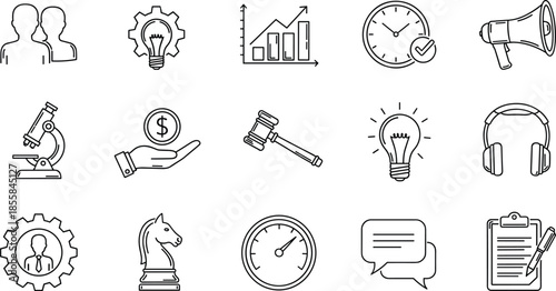 Business strategy and management line icons set, innovation, finance, research, teamwork, marketing, law, and productivity vector illustration