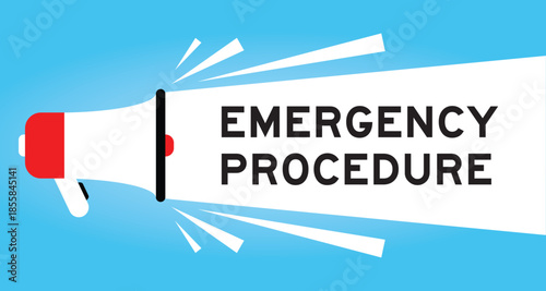 Color megaphone icon with word emergency procedure in white banner on blue background