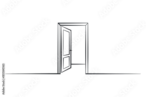 A single, open doorway stands against a white wall with a horizontal line indicating the floor.
