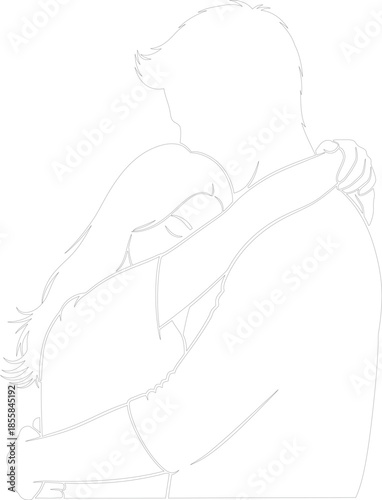 Minimalist line art illustration of couple hugging silhouette outline vector