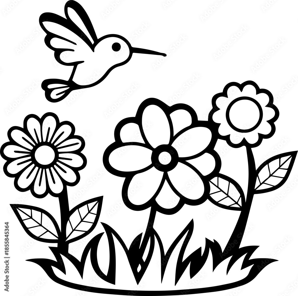 Obraz premium SVG vector illustration of a hummingbird and flowers.Hummingbird Interacting with Vibrant Flower Design